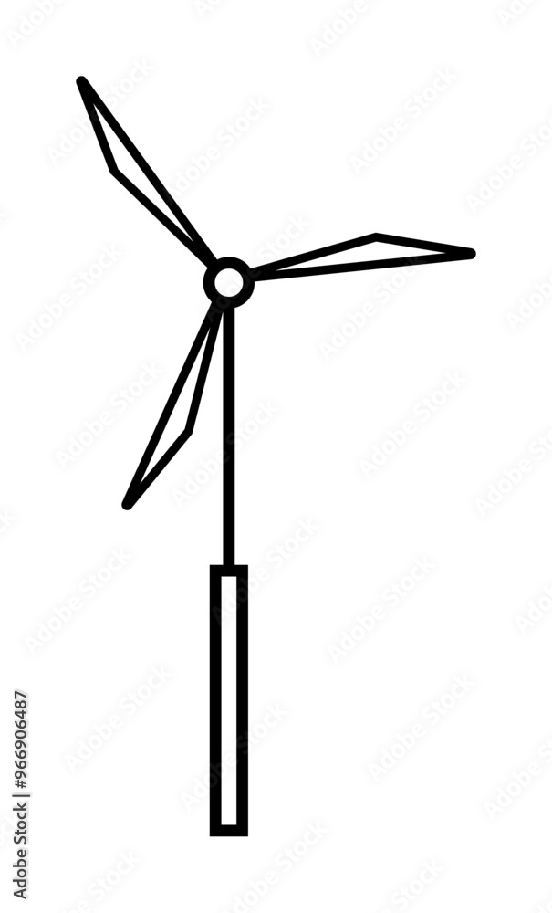A minimalist black and white vector image depicting a wind turbine with three blades attached to a stand. Themes: renewable energy, wind power, sustainability, minimalism, clean energy.