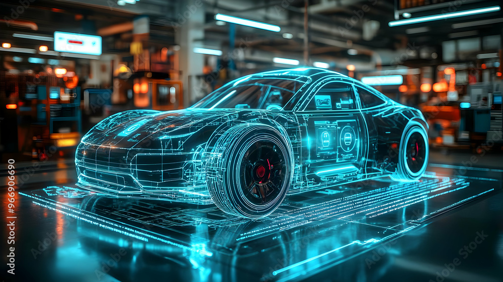 A futuristic holographic car model displayed in an industrial setting. A futuristic holographic car model displayed in an industrial setting.