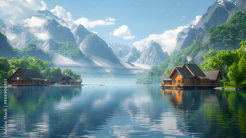 Naklejka premium Serene Mountain Lake Retreat: Wooden cabins nestled on a tranquil lake, majestic mountains reflected in the crystal-clear water.