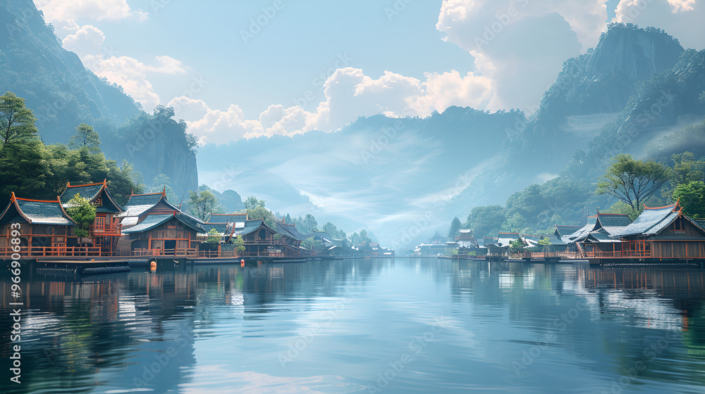 Fototapeta premium Serene Mountain Lake Village: Tranquility and serenity in a majestic mountain landscape, where traditional houses rest on stilts in a pristine lake, reflecting the mist-shrouded peaks and the boundle