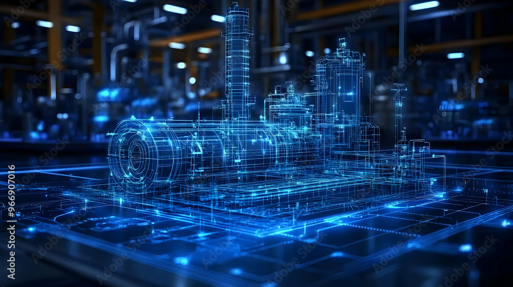 A futuristic industrial facility depicted in a blue digital wireframe design. A futuristic industrial facility depicted in a blue digital wireframe design.