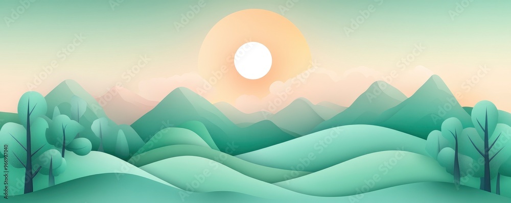 The illustration background features hills and mountains in an abstract green scene. The illustration background features hills and mountains in an abstract green scene.