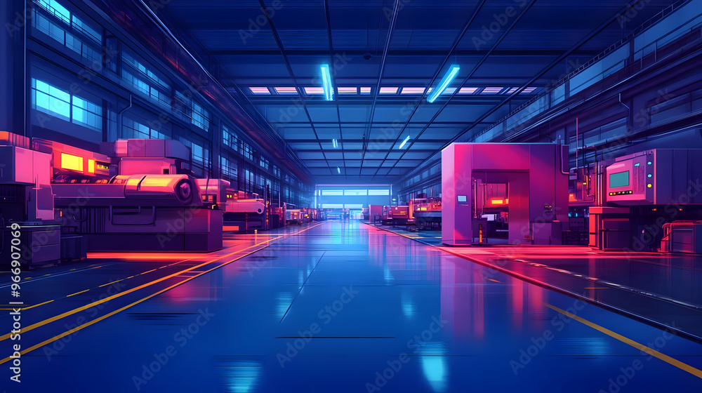 A futuristic industrial interior with neon lighting and advanced machinery. A futuristic industrial interior with neon lighting and advanced machinery.