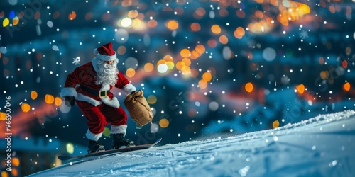 Santa Claus comes down from the mountain to the city using a snowboard carrying a sack of gifts to distribute, celebrating Christmas. photo