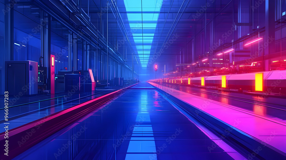 A futuristic industrial scene with neon lighting and reflective surfaces. A futuristic industrial scene with neon lighting and reflective surfaces.