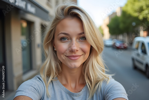 a young blonde woman takes a selfie on the city street