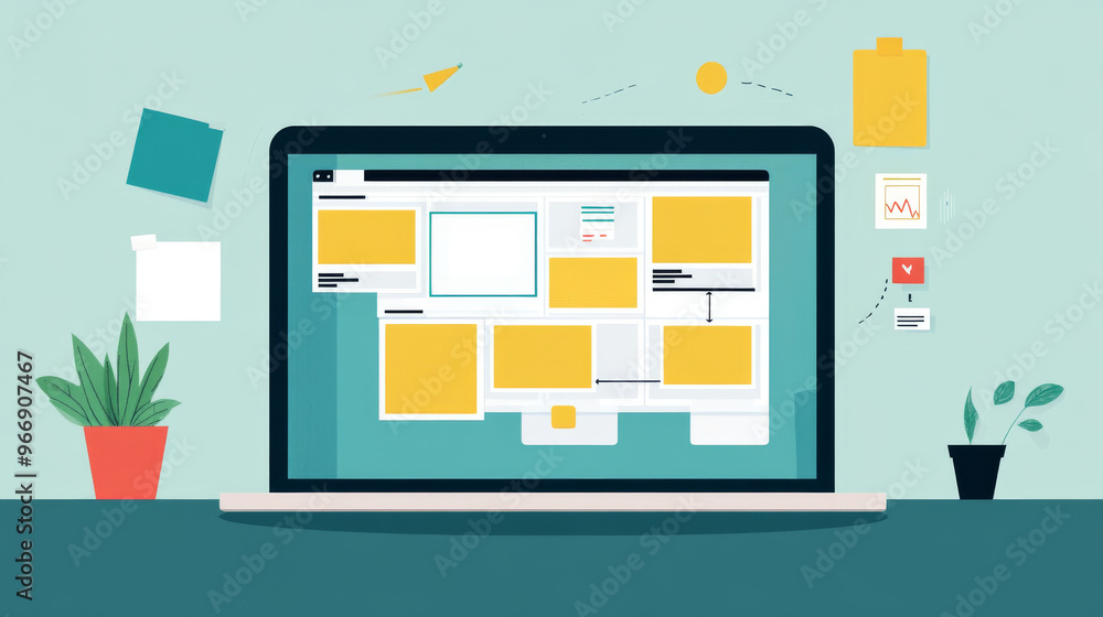 A laptop screen shows a desktop with a green plant and a yellow sticky note A laptop screen shows a desktop with a green plant and a yellow sticky note