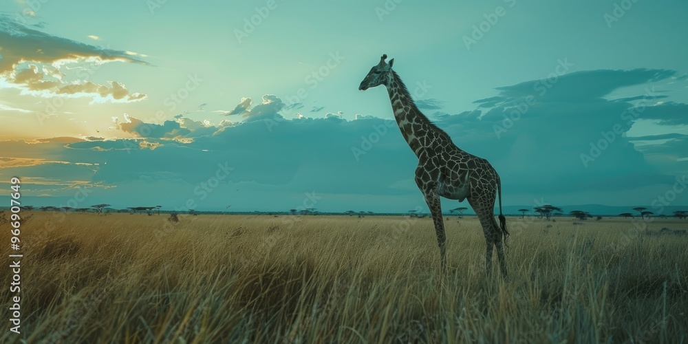 Obraz premium A tranquil setting featuring a giraffe amidst nature.