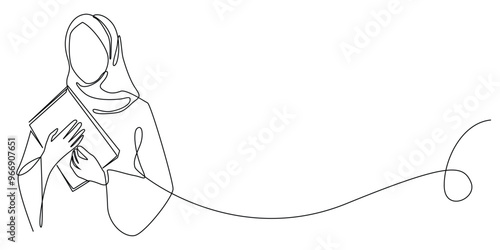 continuous line of young Muslim woman carrying the Koran.one line drawing of woman embracing the holy book of the Islamic religion.single line vector illustration.isolated white background