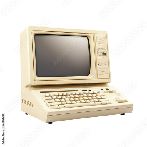 Front view of vintage beige retro computer with CRT monitor and classic keyboard. Retro style personal computer isolated on white background Nostalgia concept for early computer technology