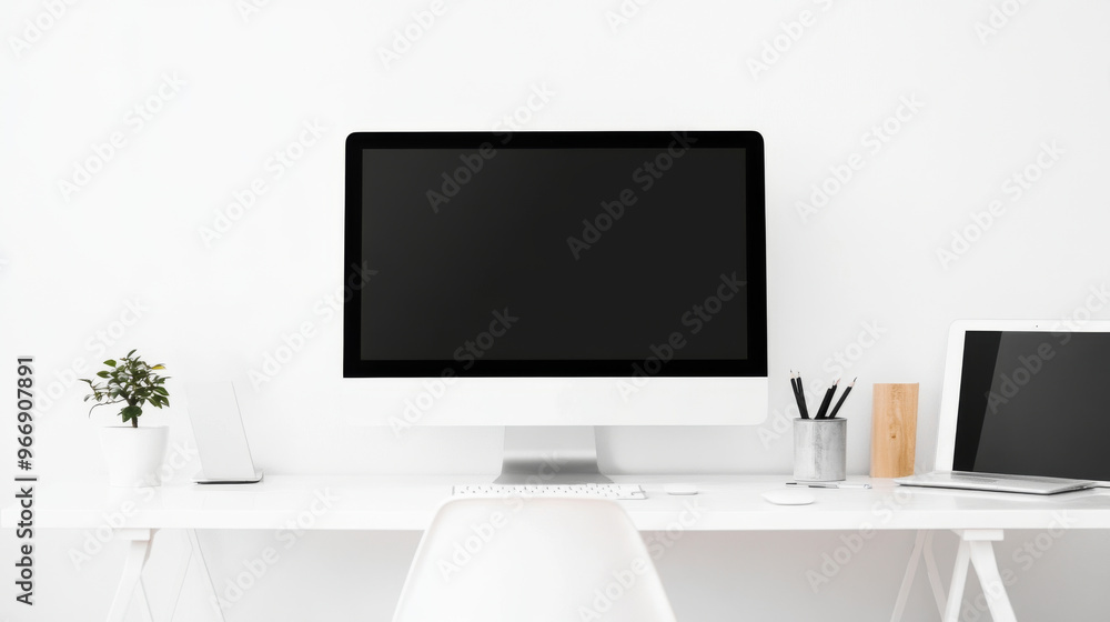 A computer desk with a monitor, keyboard, mouse, and a plant A computer desk with a monitor, keyboard, mouse, and a plant
