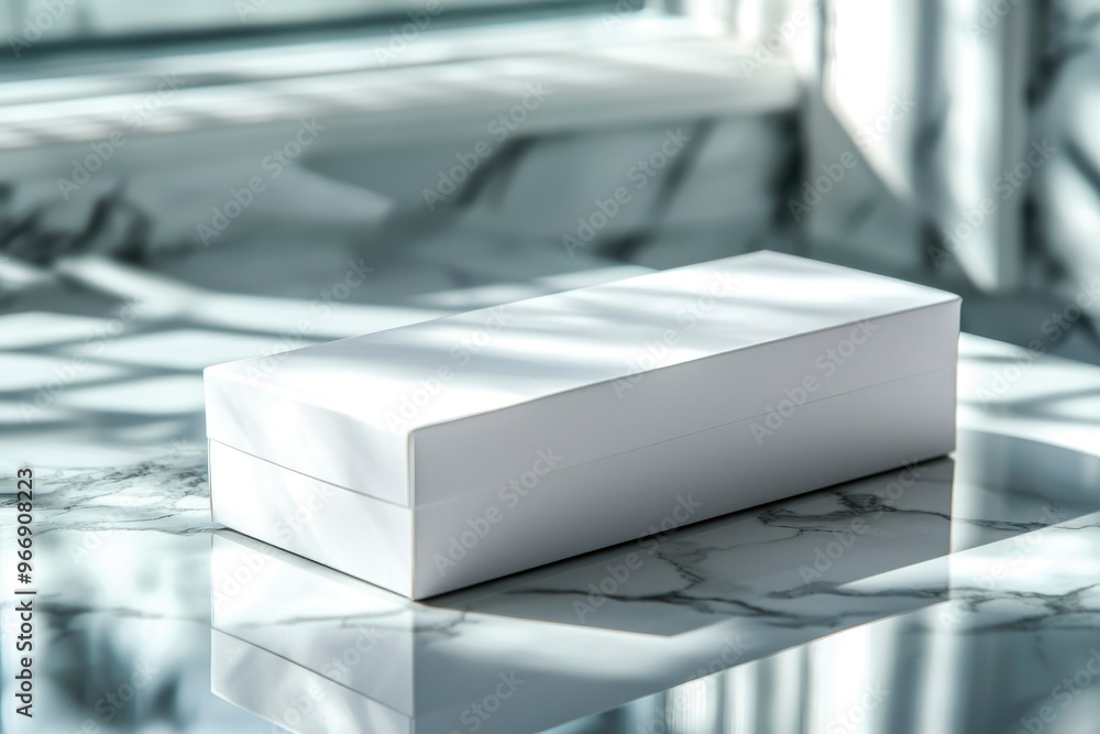 White Box on Marble Surface with Sunbeams White Box on Marble Surface with Sunbeams