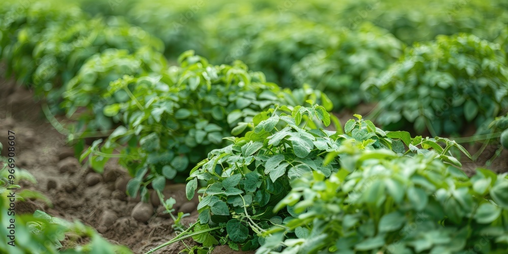 Agricultural field with flourishing green potato plants yielding a bountiful harvest of fresh potatoes Agricultural field with flourishing green potato plants yielding a bountiful harvest of fresh potatoes