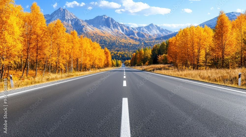 Fototapeta premium Autumn Road Through Mountains with Golden Trees