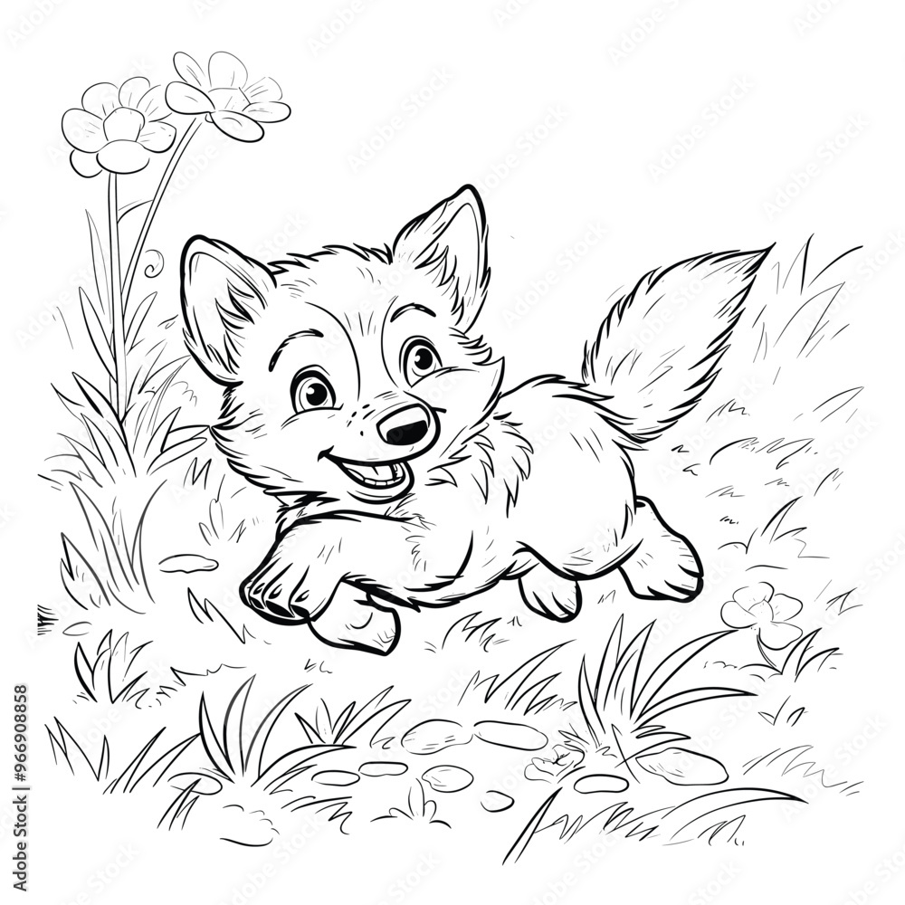 Fototapeta premium A young wolf pup frolicking in a meadow, coloring page for kids, simple, black & white line art, Sweet little puppy coloring book pages. A drawing of a cute wolf with a collar.