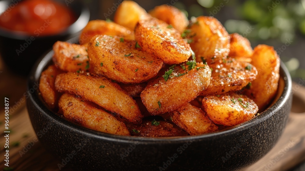 Basket of french fries sprinkled with parsley being served with ketchup Basket of french fries sprinkled with parsley being served with ketchup