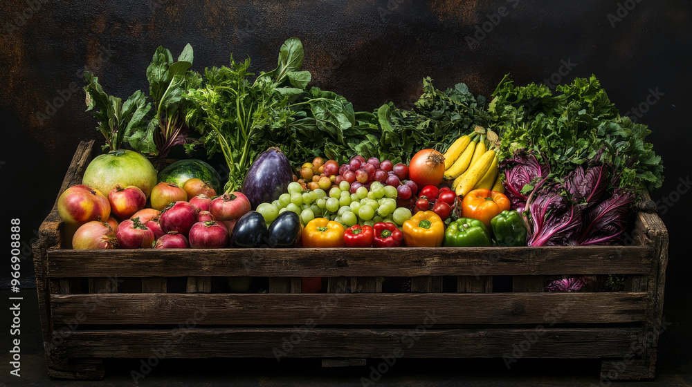 A wooden crate filled with a variety of fruits and vegetables A wooden crate filled with a variety of fruits and vegetables