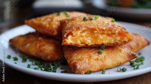 Crispy fried egg rolls filled with melted cheese and chives