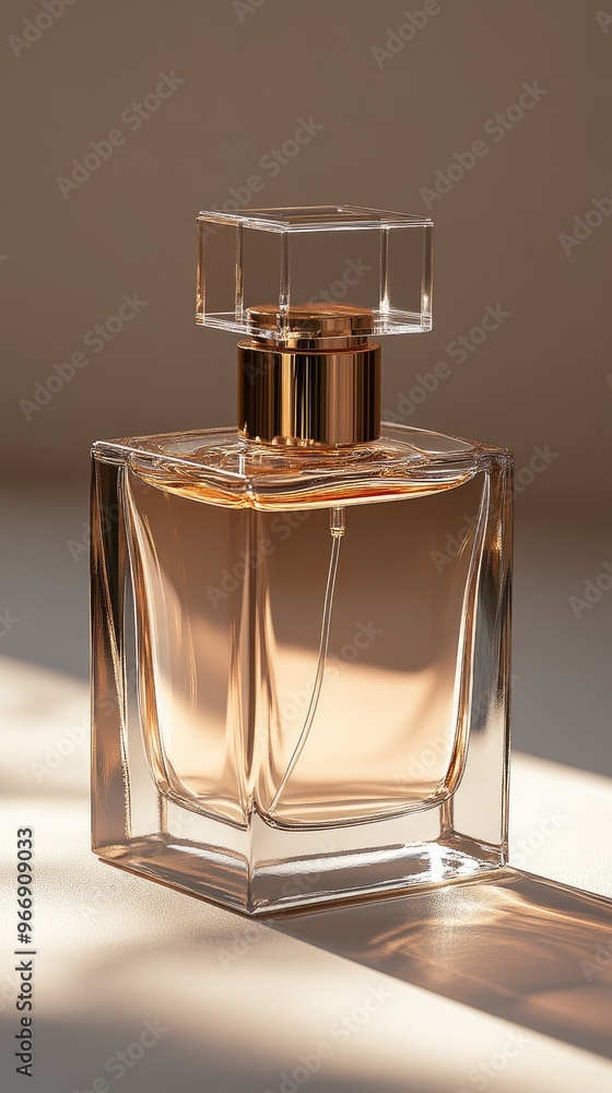 Transparent perfume bottle casting a shadow on a tabletop Transparent perfume bottle casting a shadow on a tabletop