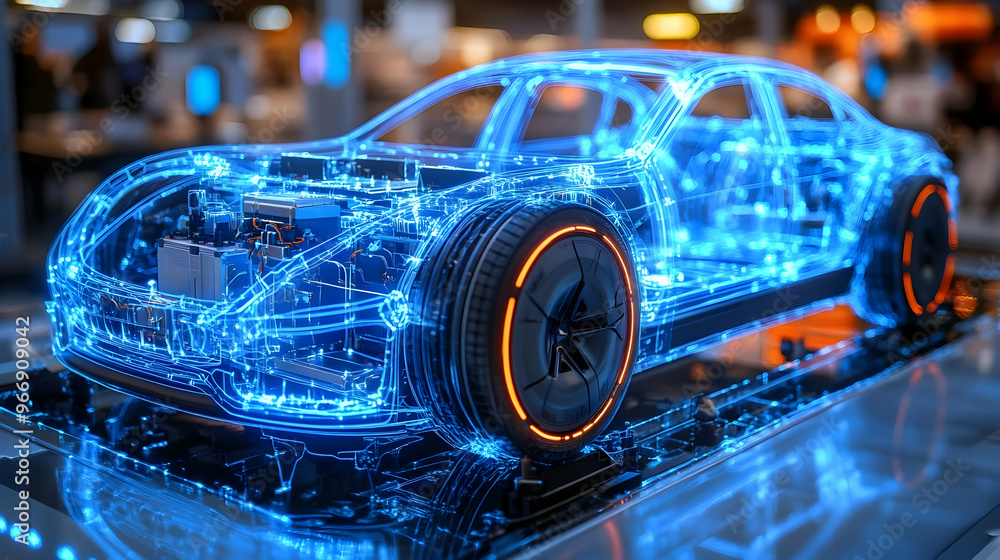 A futuristic, illuminated car model showcasing intricate technology and design. A futuristic, illuminated car model showcasing intricate technology and design.