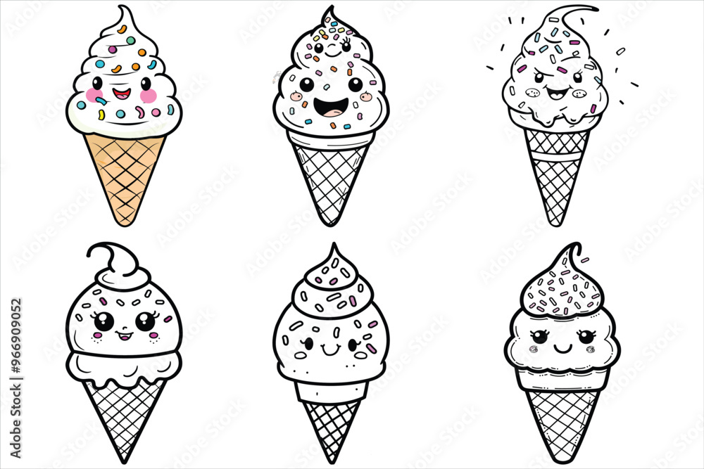 Φωτογραφία Kawaii Ice Cream line art style simple coloring page for kids, A cute ice cream cone with a smiling face and colorful sprinkles