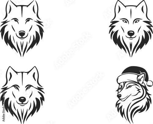 Logo design featuring a set of wolf-themed emblems, with a black wolf line art icon, illustrated in vector format on a white background.