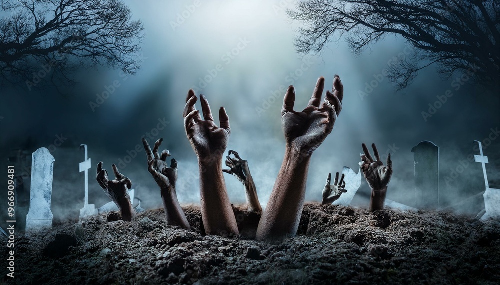 Zombie Hands Emerging from the Ground: A chilling image of several decayed, zombie hands breaking through the ground in an old graveyard, reaching out as if to grab something. halloween Zombie Hands Emerging from the Ground: A chilling image of several decayed, zombie hands breaking through the ground in an old graveyard, reaching out as if to grab something. halloween