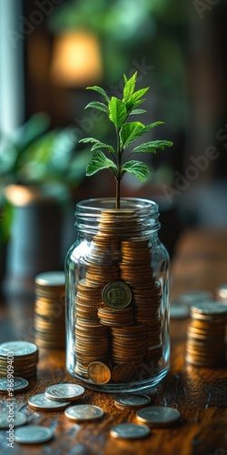 Small tree growing from coins in glass jar symbolizing investment photo