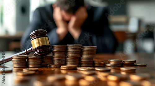 A gavel rests beside stacks...