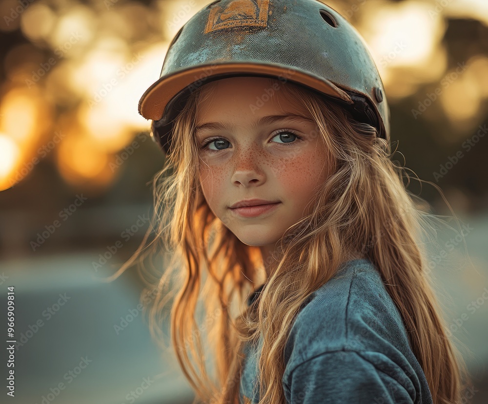 Young girl wearing helmet smiling at skate park Young girl wearing helmet smiling at skate park