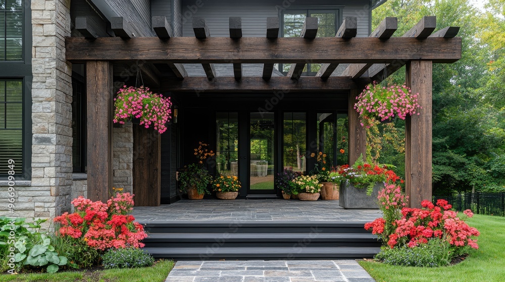 Obraz premium Beautiful covered patio with hanging flower baskets decorating a white brick house