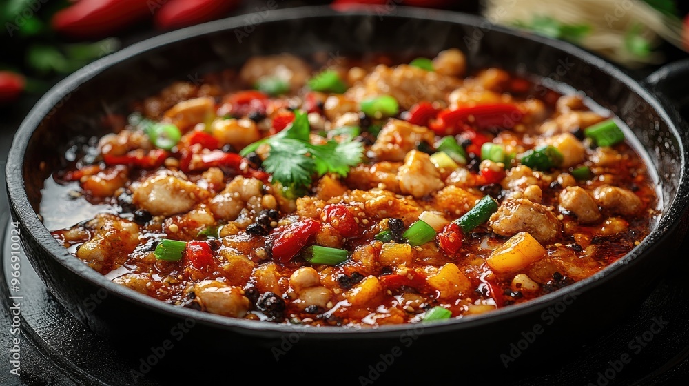Spicy korean food dakgalbi steaming in a hot stone bowl Spicy korean food dakgalbi steaming in a hot stone bowl