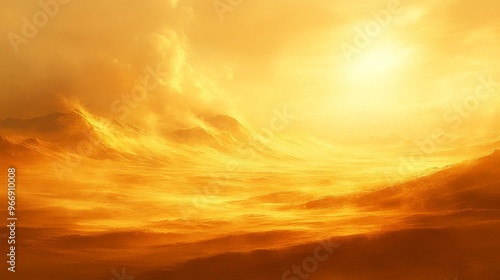 Golden Desert Landscape with Sun and Clouds