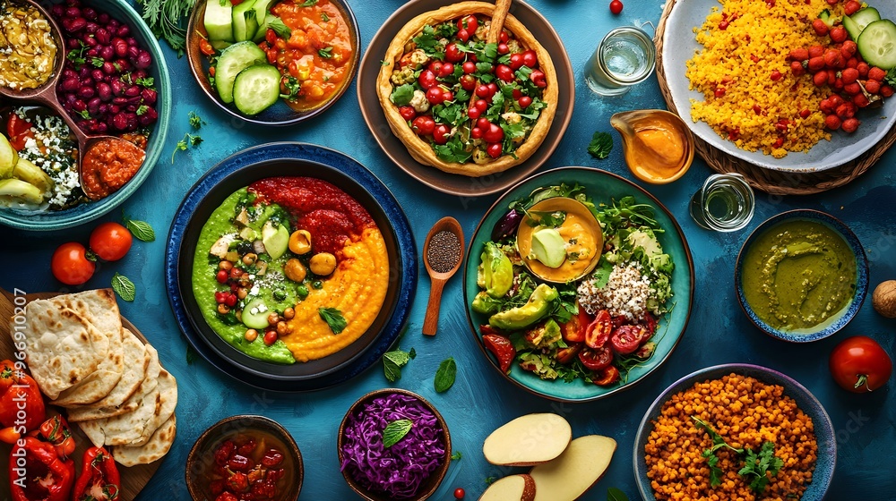 Plant-Based Nutrition - A spread of colorful, nutritious vegan dishes Plant-Based Nutrition - A spread of colorful, nutritious vegan dishes