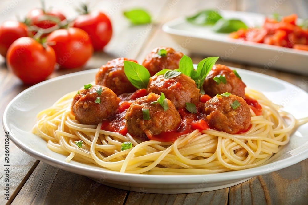 Spaghetti with meatballs and tomato sauce on a white plate viewed from a low angle Spaghetti with meatballs and tomato sauce on a white plate viewed from a low angle