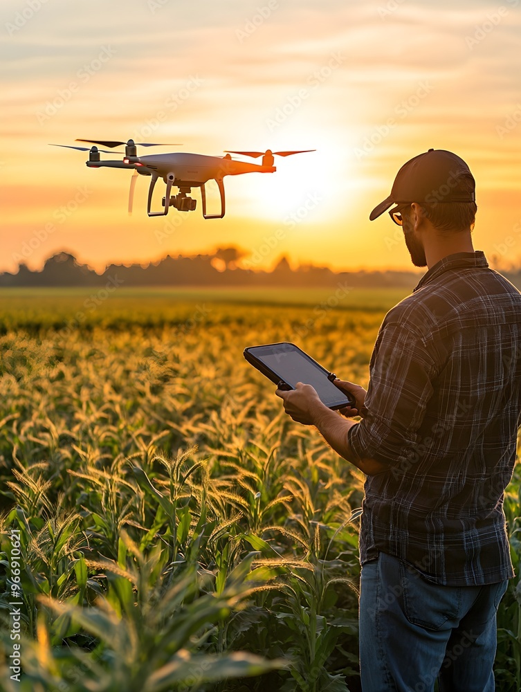 Precision Agriculture - Farmer using drone technology to analyze crop health for sustainable farming practices Precision Agriculture - Farmer using drone technology to analyze crop health for sustainable farming practices