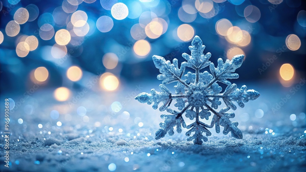 Sparkling snowflake on icy surface with glowing bokeh lights Forced Perspective Sparkling snowflake on icy surface with glowing bokeh lights Forced Perspective