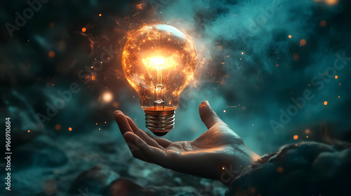 A glowing light bulb held i...