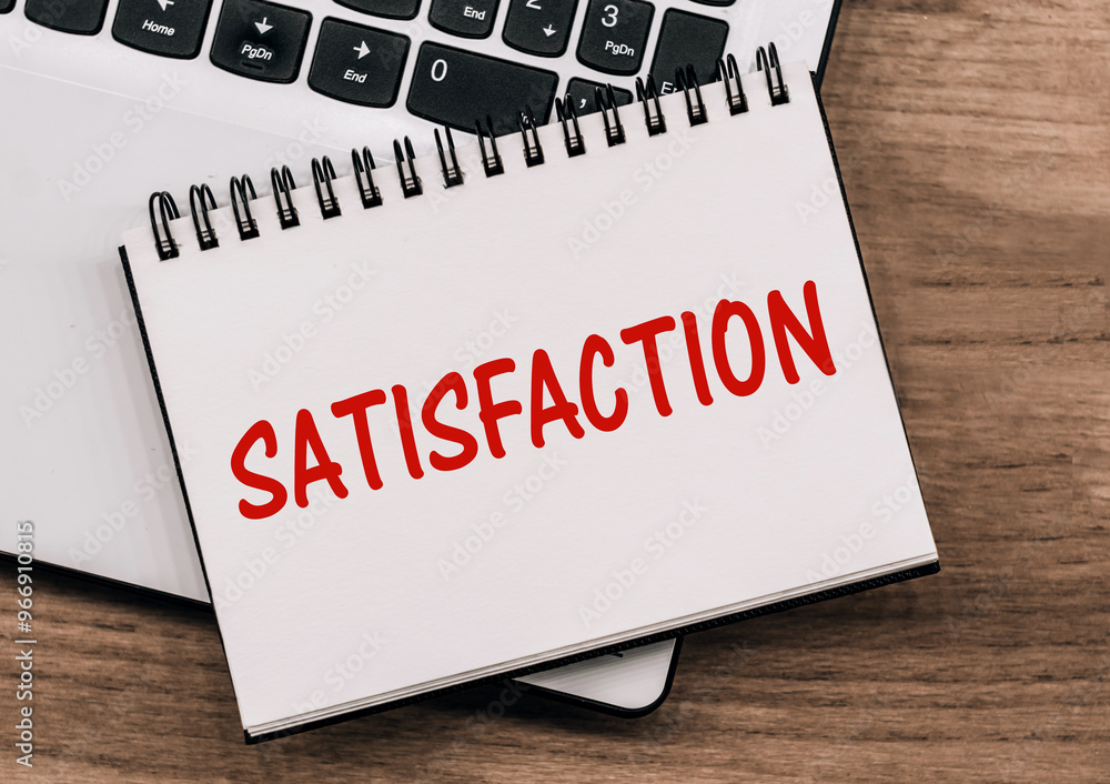 Red Satisfaction Written On A White Notebook With Laptop Keyboard In The Background Red Satisfaction Written On A White Notebook With Laptop Keyboard In The Background