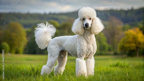 Elegant white standard poodle stands poised in a lush grassy field, its head tilted with curiosity and ears