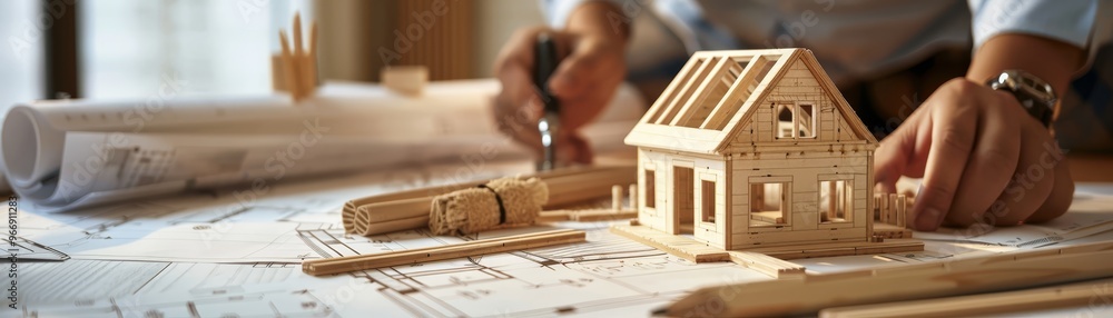Architect Building Wooden House Model on Blueprint Architect Building Wooden House Model on Blueprint