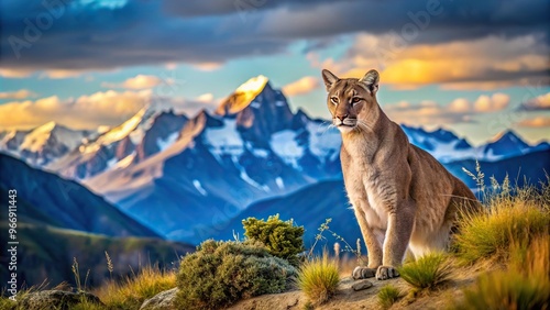 Spectacular Patagonian landscape setting with a puma in the foreground photo