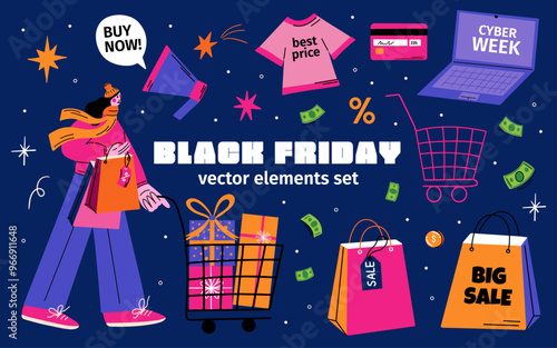 Black Friday retro stickers collection. Cartoon character shopping and buying gifts with discount prices vector illustration. Sale announcement design concept flat, colorful, groovy elements set