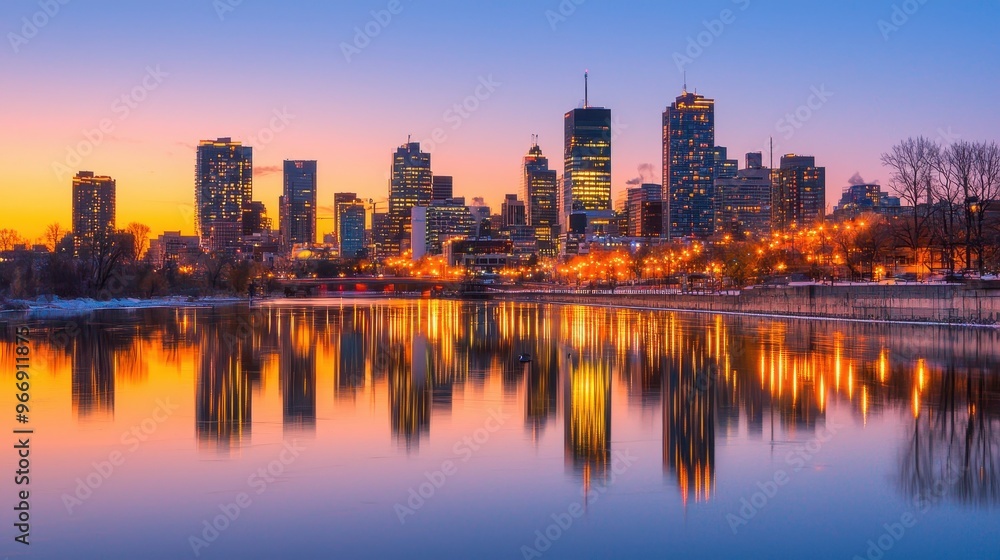 Cityscape Reflection at Sunset with Colorful Sky and River Cityscape Reflection at Sunset with Colorful Sky and River