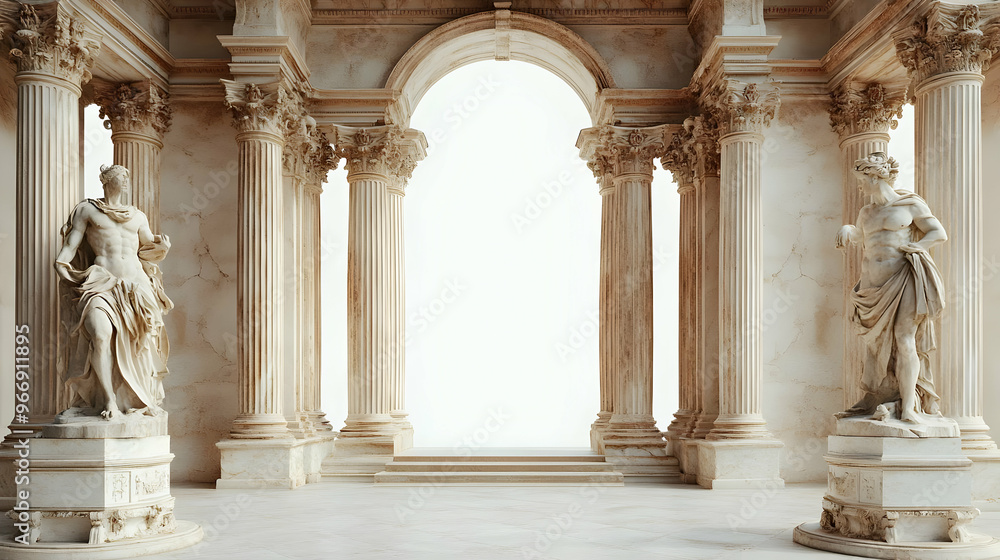 Naklejka premium A grand architectural space featuring classical columns and statues.