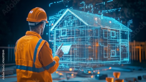 Construction Worker Using Augmented Reality to View Building Plans photo