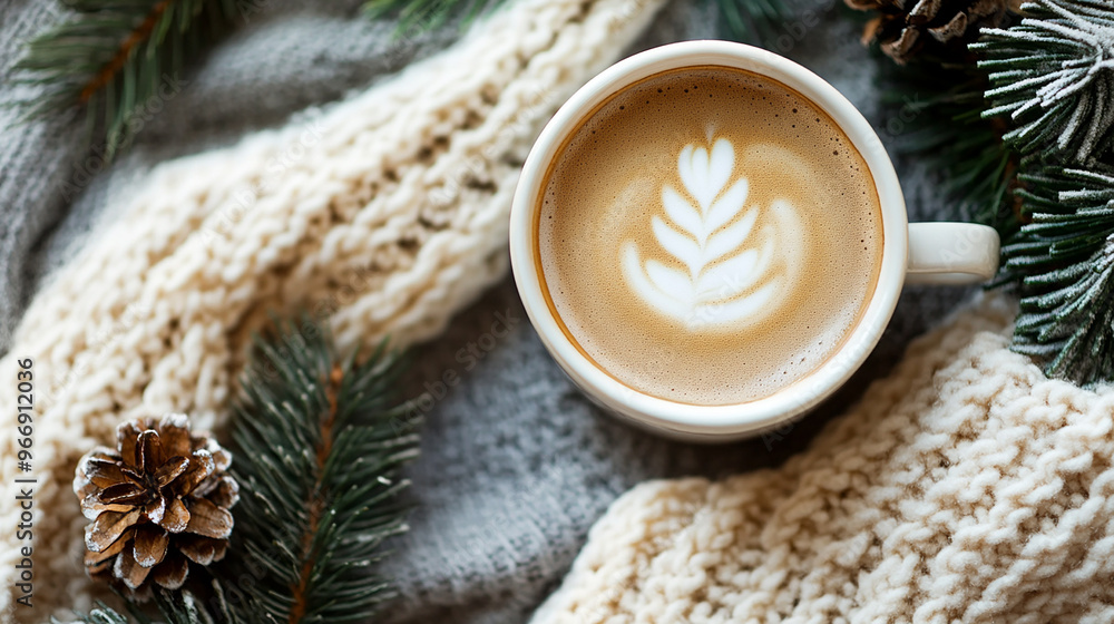 flat lay of winter sweater and coffee top view flat lay of winter sweater and coffee top view