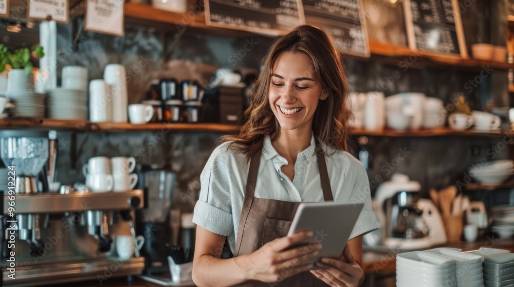 Close-up of a young woman wearing an apron using a digital tablet to happily check and take customer orders at the bar counter in a small coffee shop. Close-up of a young woman wearing an apron using a digital tablet to happily check and take customer orders at the bar counter in a small coffee shop.