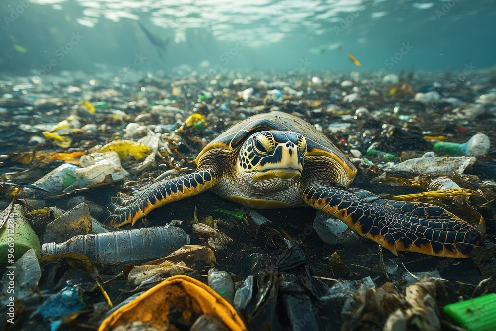 Fototapeta premium Sea Turtle Among Ocean Floor Covered in Plastic Waste