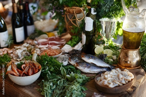 Seacuterie - Table spread with various marine delicacies, complemented by fresh herbs and wines photo